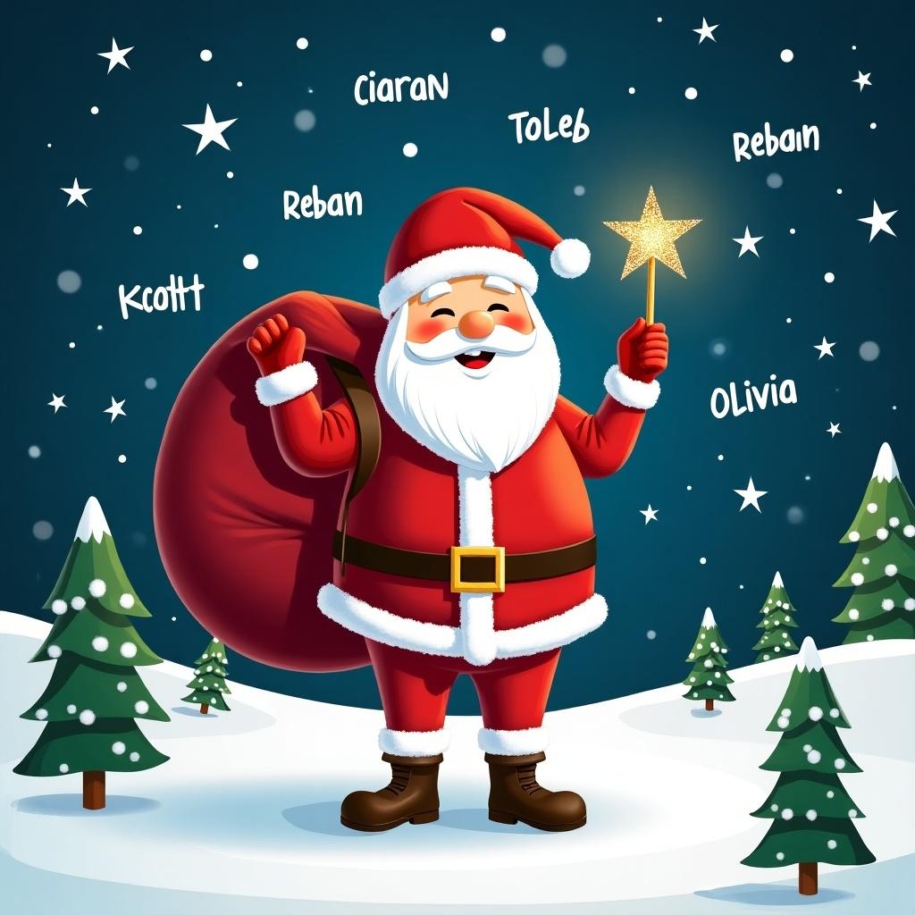 The image features a cheerful Santa Claus standing in a snowy landscape. He has a large red sack slung over his shoulder and is holding a sparkly wand. Santa is dressed in his traditional red and white outfit, complete with a belt and boots. Behind him, the night sky is illuminated with twinkling stars. Names like Ciaran, Caleb, Tobias, Reuben, Kathy, Scott, and Olivia are scattered in the background. Pine trees dot the snowy ground, encapsulating a festive winter atmosphere.