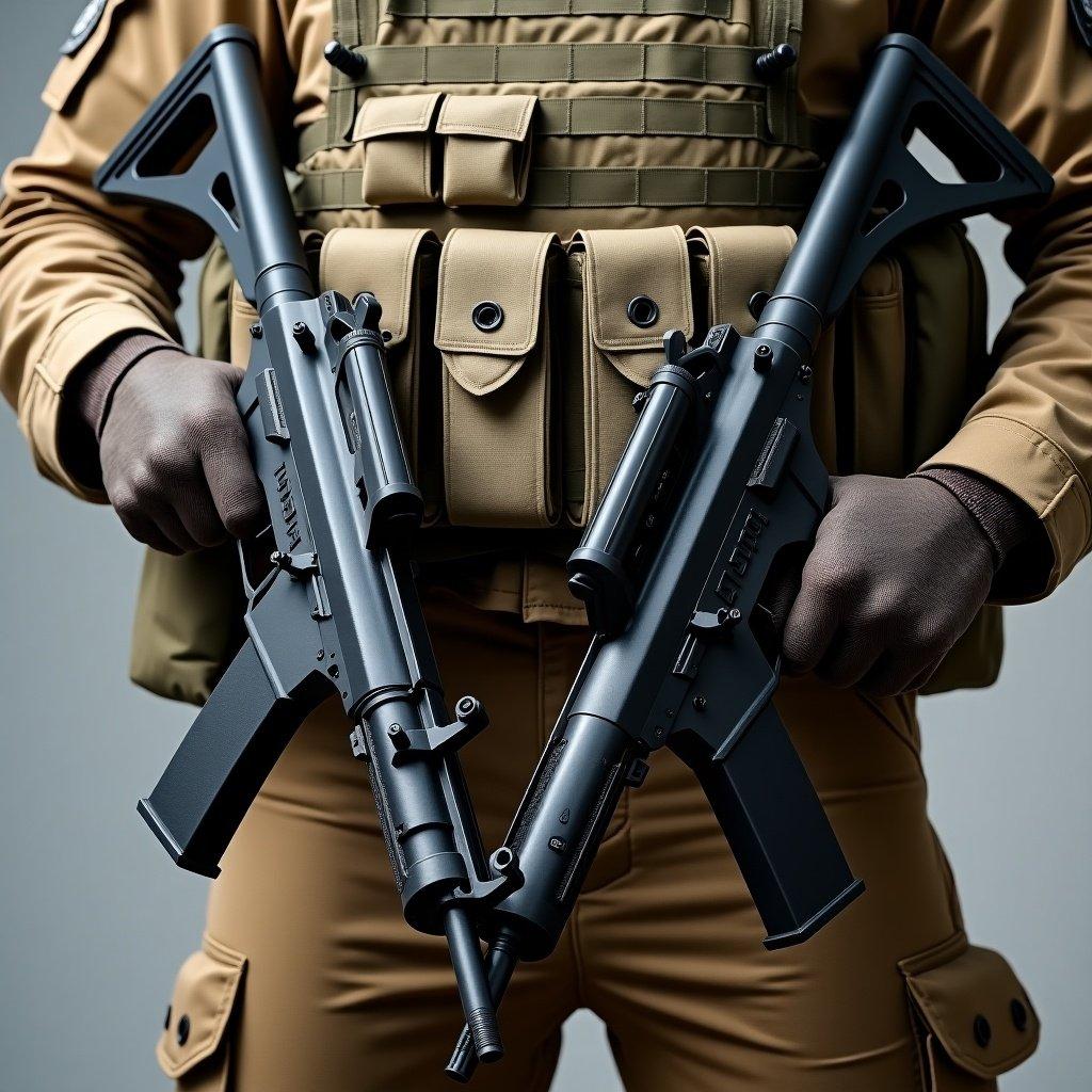 Person in military uniform holds two submachine guns. Hands gloved, gripping firearms confidently. Tactical vest equipped with gear pouches. Neutral background highlights person and equipment.