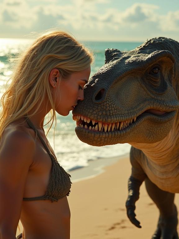 Close-up of a blonde woman on the beach with a giant tyrannosaurus rex. She leans in to kiss the dinosaur. Sunlight creates a warm glow. Ocean waves in the background.