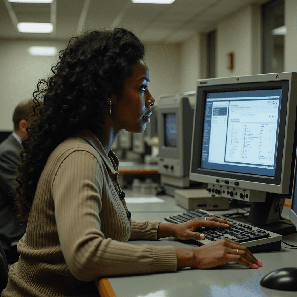 A woman focused on her work at a computer station in an office environment.