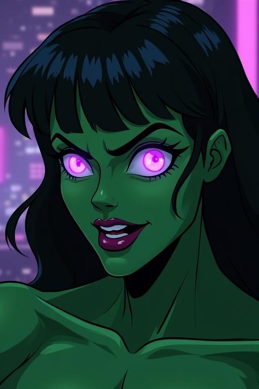 She Hulk character with glowing purple eyes. Facial expression shows excitement or enthusiasm. Dark hair frames the face. Background features urban elements with neon lights.