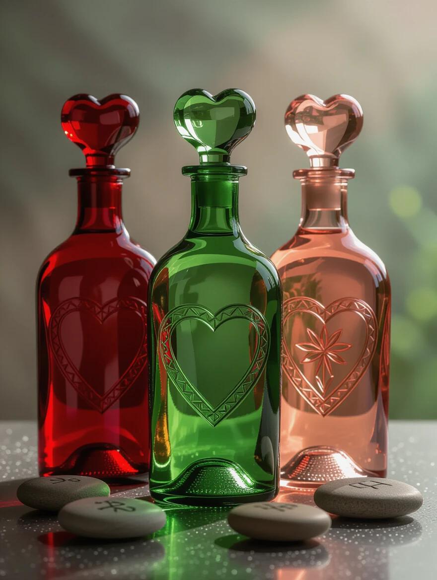Image of three decorative glass bottles. First bottle is red with a heart-shaped stopper. Second bottle is green with a lucky clover-shaped stopper. Third bottle is pink with a rose-shaped stopper. All three are bright and glossy. Surrounding the bottles are glowing stones with Viking runes. The scene is mysterious and dark with high-quality lighting.