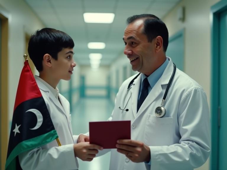 A young boy dressed in white is holding the Libyan flag. He hands a small wide dark red card to a man in a doctor's uniform. The man looks surprised with a relaxed expression and faint smile. The background is an interior hospital corridor. The atmosphere is cinematic.