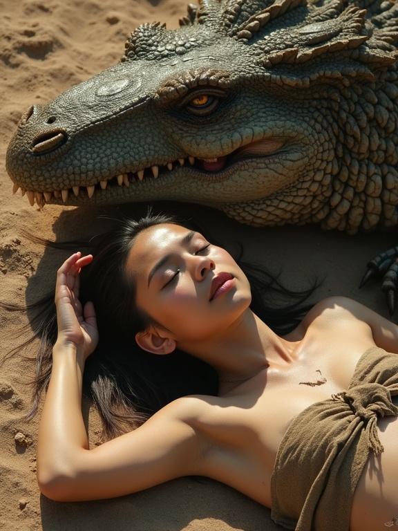 High angle view of a girl lying on sand beside a dragon. Girl has shiny tanned skin and a cyberpunk haircut. She is in a tattered loincloth. Dragon has an open toothy mouth.