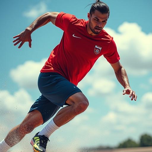 Image of an athlete captured in action in a striking sports uniform. The photograph conveys athletic power and energy. Take place outside during a sunny day with clear skies. The focus is on the athlete's physicality and dramatic lighting enhances the muscular form. Emphasize movement with some motion blur effects. Shot with a professional DSLR camera for exceptional clarity.