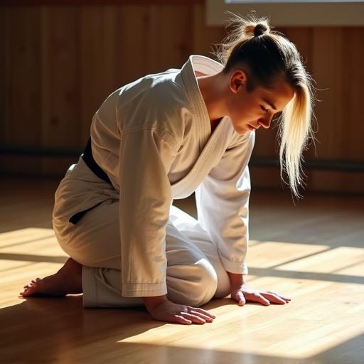 Kneeling female karate fighter. Upper body leaning forward. Elbows touching the wooden floor. Looking down to the floor. Asymmetrical hairstyle with right side undercut and left side long. Wearing a karate gi. Sunlight reflecting on the dojo floor.