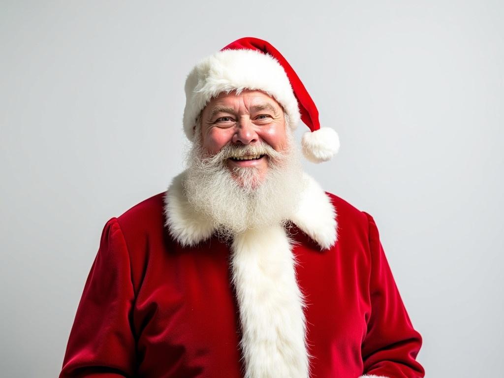 The image features a jolly old man dressed in a Santa Claus attire. He has a fluffy white beard and wears a classic red Santa hat. The background is plain, emphasizing the festive elements. The man has a warm smile, embodying the spirit of Christmas. He is dressed in a red coat with white trim, reminiscent of traditional Santa Claus outfits.