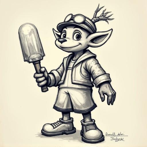 A character sketch of Tinker from Dota 2. Character standing with a popsicle in hand. Smiling face with pointed ears. Wearing a hoodie and shorts. Cartoonish style with clean lines and shading.
