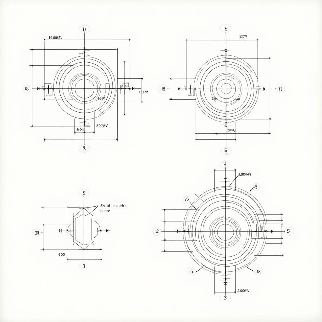 Engineering drawing with orthographic views in 3rd angle projection. Three views shown: front view, top view, side view. Contains various dimensions in metric units with key features including circles and angles. Section for sketching isometric view. Detailed measurements critical for manufacturing.