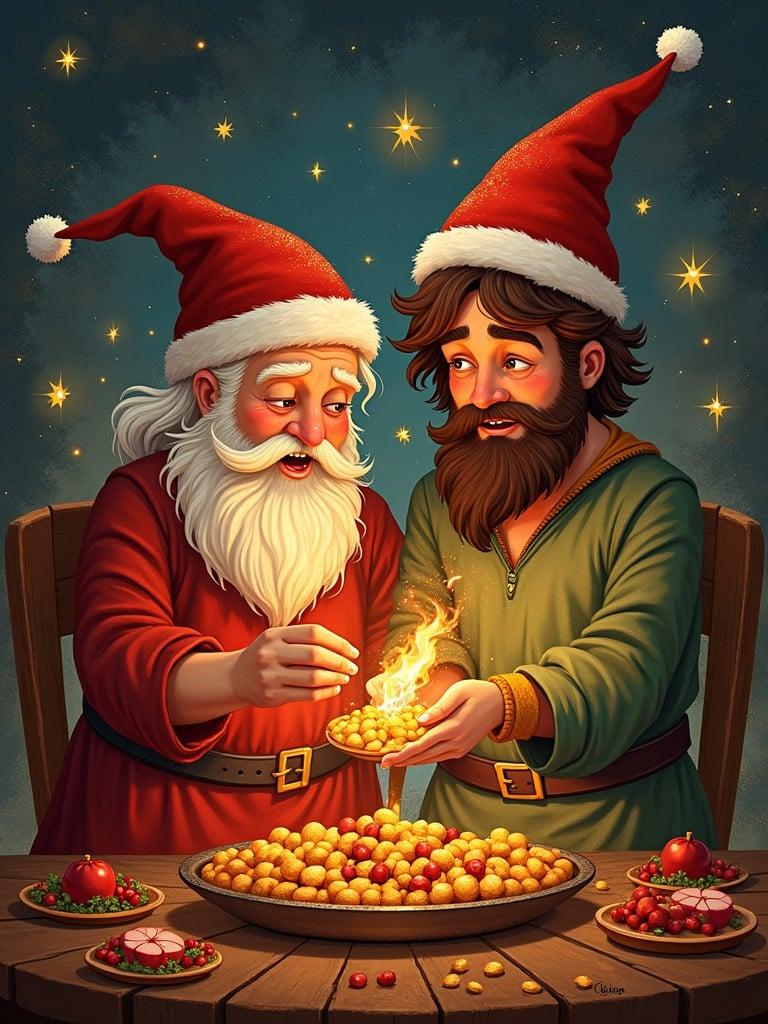 Two figures in Santa attire prepare festive treats. They hold a plate of colorful treats. The background has stars and a warm glow. It represents holiday spirit and togetherness. Ideal for celebrating Christmas and New Year.