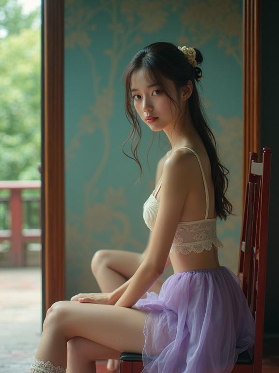 Petite Chinese girl in a well-lit garden. She sits on a chair in front of a mirror. Crossed legs. Wears light purple sheer mini skirt and cream wired foam bra. White sheer stockings with lace straps. Tied wet hair. Glossy sky-blue eyes. Looking at the camera with a soft smile. Flash photography, slightly overexposed. Visible lens dust and film grain. Nostalgic early-2000s vibe.