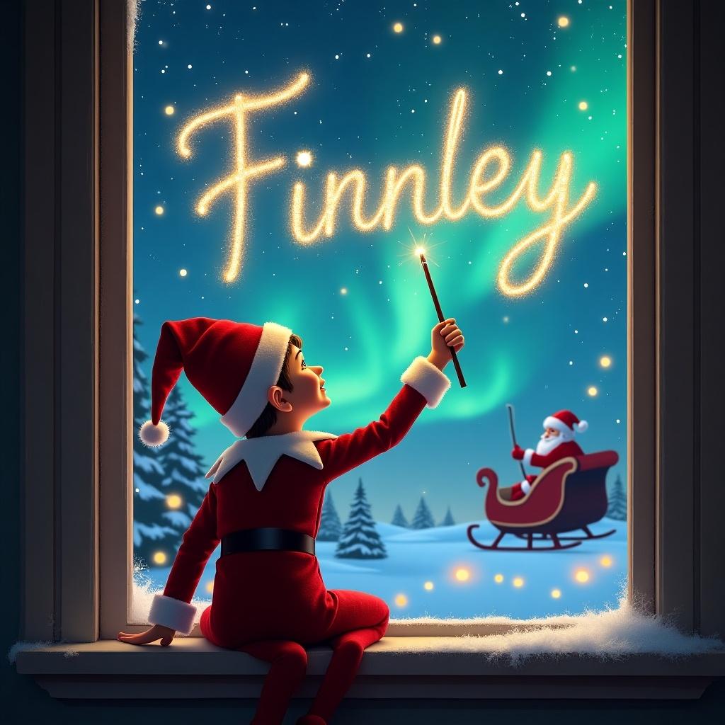 The image features an enchanting Christmas scene. An elf is sitting on a window ledge, writing the name 'Finnley' with a wand. The elf is dressed in a red outfit and pointed hat. He is looking at the beautiful sky filled with stars and northern lights. In the background, Santa Claus sits in his sleigh, further enhancing the festive atmosphere. Snow can be seen on the ground, adding to the wintery feel. This captures the charm of the holiday season and the joy of Christmas.