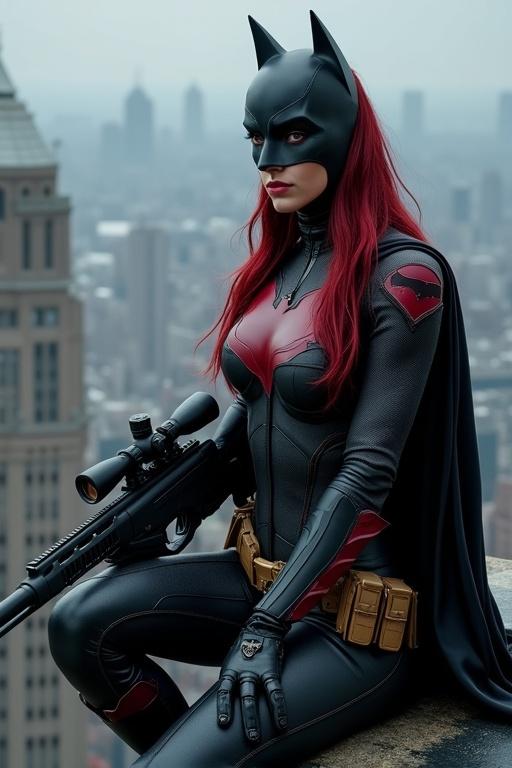 Woman dressed as Batwoman on a skyscraper roof carrying a sniper rifle. Stylish costume with red and black colors.