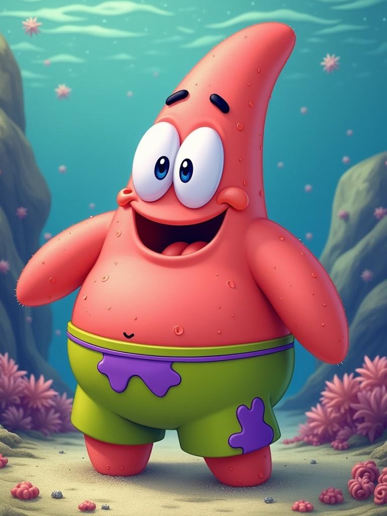 Cartoon character named Patrick Star underwater. Bright pink starfish with a happy smiling face. Character wears green shorts with purple spots. Colorful underwater background filled with coral. Fun and playful character representation.