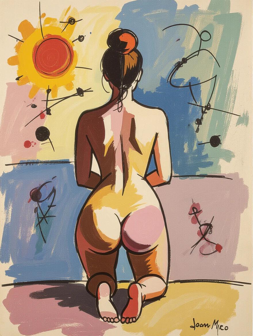 Nude model kneeling from behind. Abstract background with splashes of color. Energetic and vivid style resembling Joam Miró.