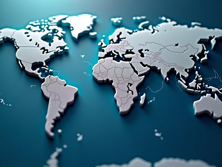 3D rendered world map focusing on the Bahamas. No text on map. Lines representing internet connectivity move between countries. Exclude South America and the US.