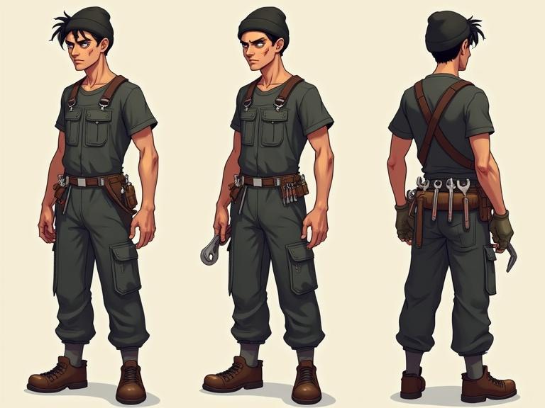 A triptych featuring a renegade mechanic character with three distinct views: a front view showing a lean figure in dark overalls with tools; a side profile emphasizing jawline and tool arrangement; a 3/4 rear view highlighting practical design and texture. Each panel has a solid color background for easy use.