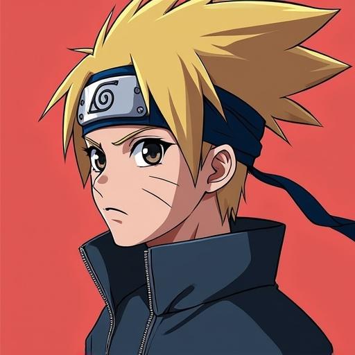 Character design of a young ninja with spiky blonde hair wearing a headband and a jacket. Background is a solid bright color enhancing the anime theme.