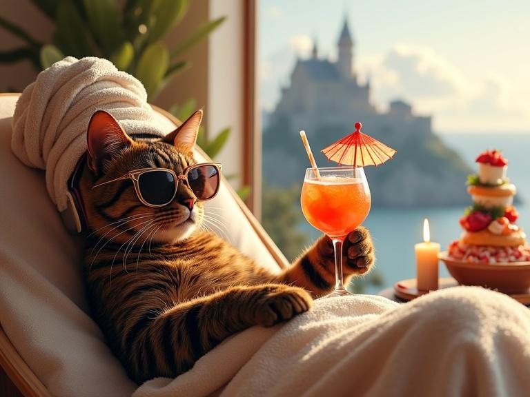 A sophisticated tortoiseshell cat reclines on a lounge chair in a luxury spa. Wearing a towel turban and noise-cancelling headphones. Sporting retro sunglasses. Holding a fancy drink with a small umbrella. Surrounded by scented candles and rose petals in a soft pastel environment. A seafood tower on a nearby table. Through a window is a castle on a mountain in the background.