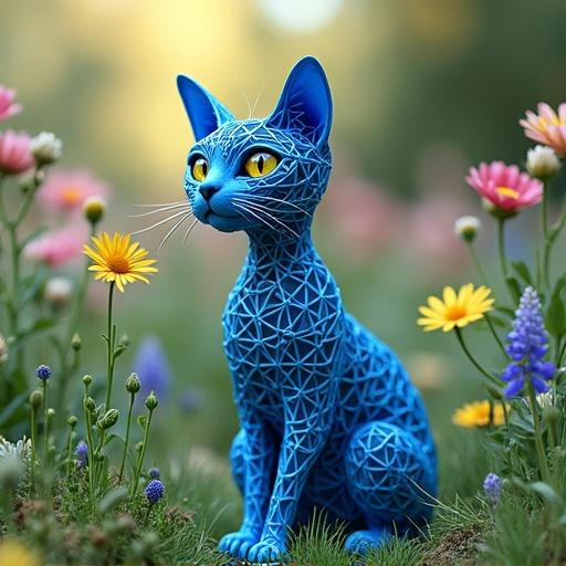 Blue wire frame cat sitting in a garden surrounded by colorful flowers