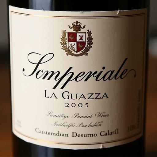 Vintage wine label design with the text 'Imperiale La Guazza 2005'. Detailed decorative elements and prominent crest. Elegant typography showcasing the vintage and winery.