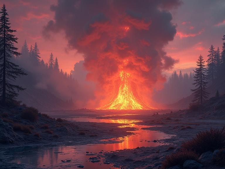 Volcanic mushrooms release glowing spore clouds instead of lava. Elven blacksmiths use the heat to forge magical weapons and jewelry. Spore clouds create an auroral sky. The landscape is lunar with water-filled craters reflecting sky colors. Crystals scattered enhance spore light.