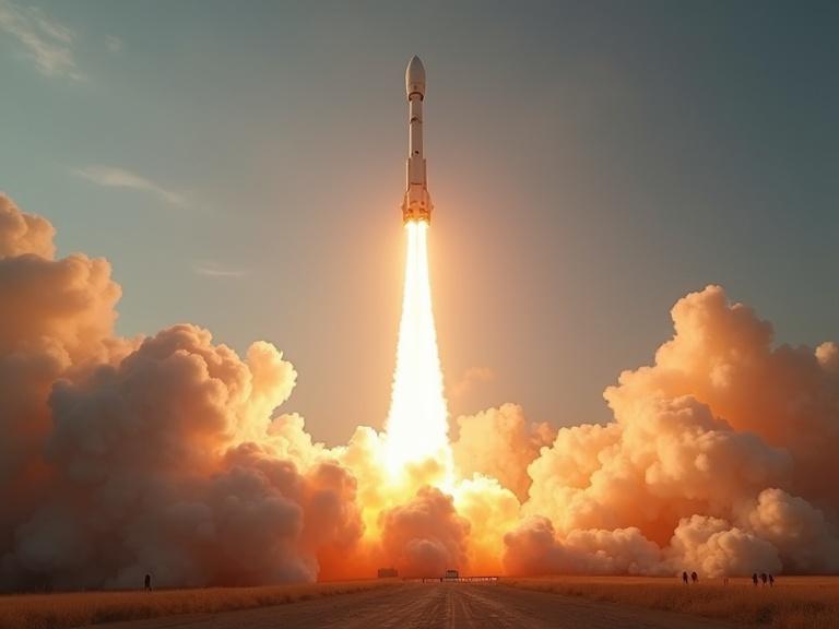 A rocket launching with bright flames and smoke. It shoots up rapidly capturing a detailed view of its ascent. Surrounding environment changes dynamically during the launch. The image features vibrant colors and high clarity resembling cinematic quality.