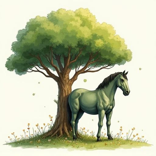 Illustration of a horse statue that appears overgrown next to a large tree. Style is whimsical and fantasy with a cartoonish vibe. Artwork features soft watercolor textures.