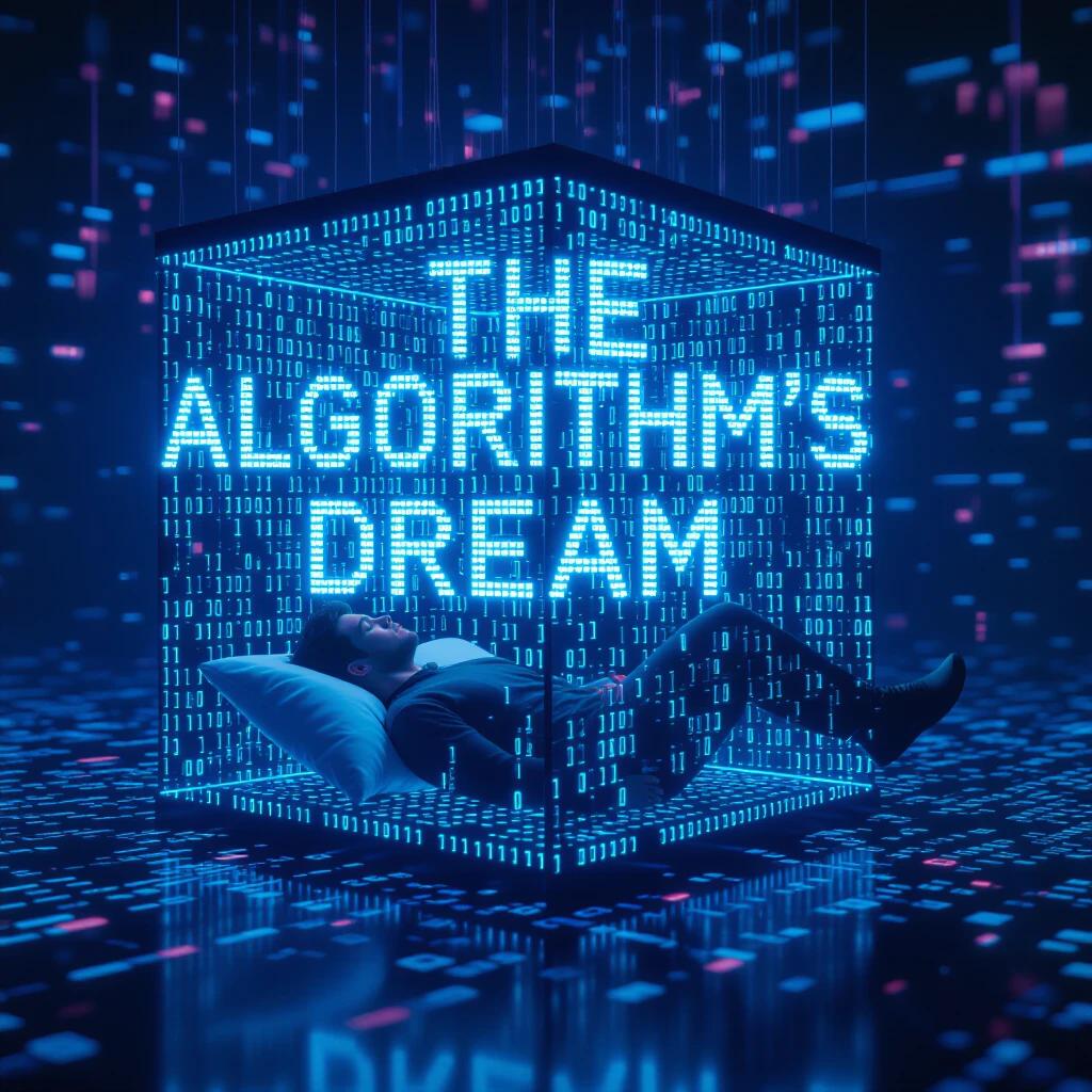 Movie poster for THE ALGORITHM'S DREAM. Title in binary-inspired font. Taron Egerton floats inside a glowing code cube. Features electric-blue lighting and motion blur effects. High-resolution digital surrealism.