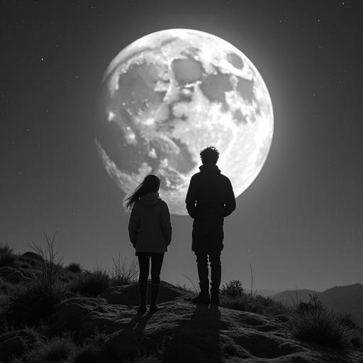 Silhouette of a couple on a hill against an oversized moon. High contrast black and white. Romantic and dreamy setting.
