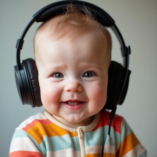 Cute baby with headphones in a music recording studio. Baby wears colorful European-style clothes. Close-up shows head and neck. Baby smiles gently at the camera. Soft natural lighting highlights the face. Background is a softly blurred studio setting suggesting recording equipment.