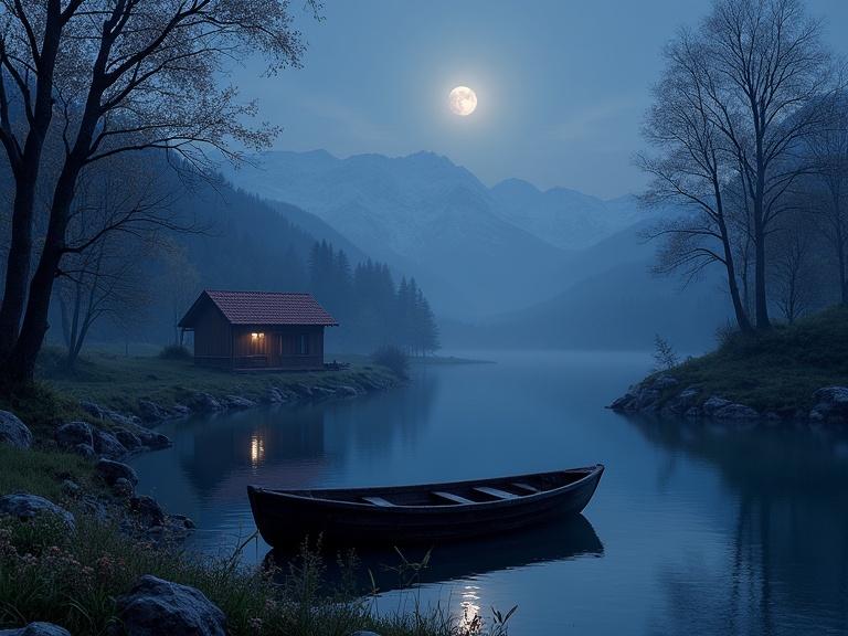 Hyper-realistic depiction of a quiet night in Switzerland. Crescent moon glows softly over a tranquil lake. An old boat rests on the water. A cozy cabin is in the background. The scene captures spring with lush surroundings. Detail emphasizes calmness and beauty of nature.