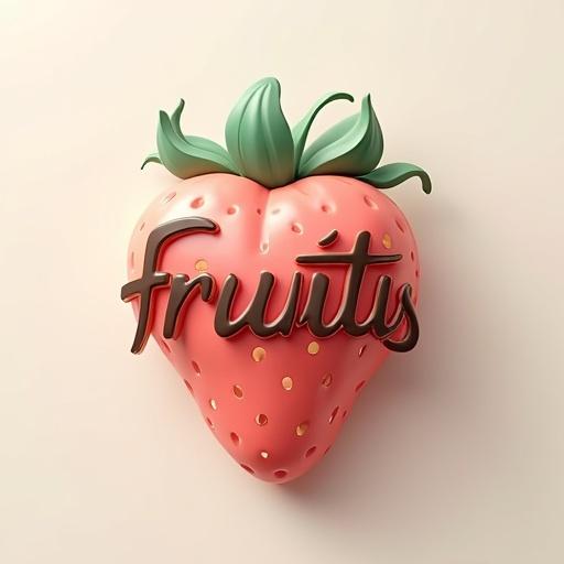 Create a logo for FrutiArtes over a 3D pastel strawberry. Use elegant typography with curves and futuristic geometry. Integrate soft gradients of scarlet red, creamy beige, mint green, and mocha brown. Include chocolate and gold details in the lettering. 'Fruti' should be in scarlet red and 'Artes' in chocolate with gold accents.