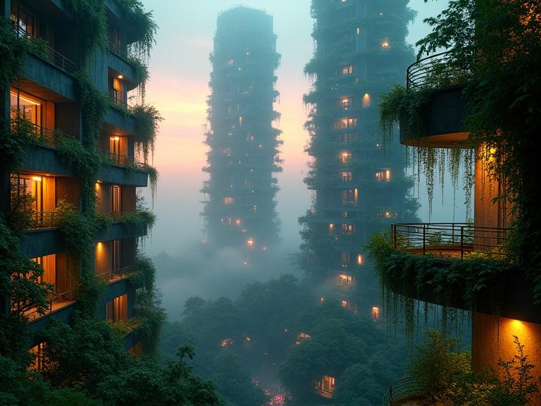 Cinematic view looking at trees from a modern glass balcony at pre-dawn golden hour. Towering bioluminescent brutalist skyscrapers are covered in cascading neon-green ivy and glowing plants. Warm amber and soft pink window lights create a cozy atmosphere. Gentle morning mist with light rain enhances the scene. Vertical gardens possess subtle blue-green bioluminescence. There is layered depth with close hanging plants in the foreground and distant illuminated towers. A soft golden sunrise glow breaks through the clouds, showcasing futuristic cozy brutalism with vibrant but moody lighting. Hyper-detailed organic architecture in 4K cinematic quality.
