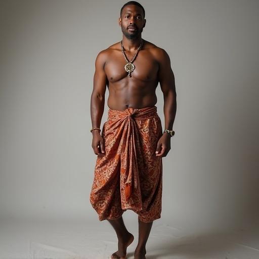 A man walks confidently down a path. He wears a traditional lungi. Lush greenery surrounds him. The sun shines through the trees. The scene captures cultural clothing in nature.