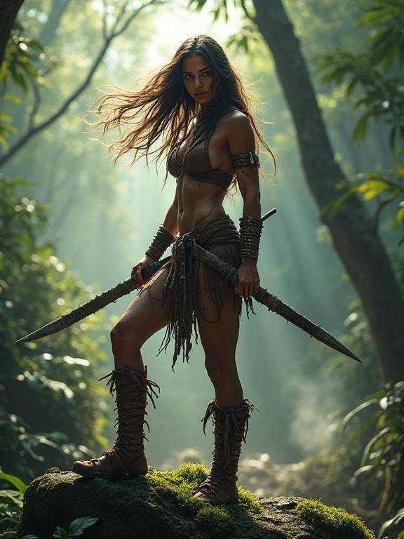 A jungle warrior woman stands on a mossy rock. She wears tribal leather armor with bone decorations. Long wild hair blows in the wind. War paint is on her face. Eyes glow with determination. Body is muscular and athletic. She holds a jagged blade. Sunlight filters through the trees. Mist rises from the ground. Wet foliage surrounds her. Hyper-realistic and detailed.