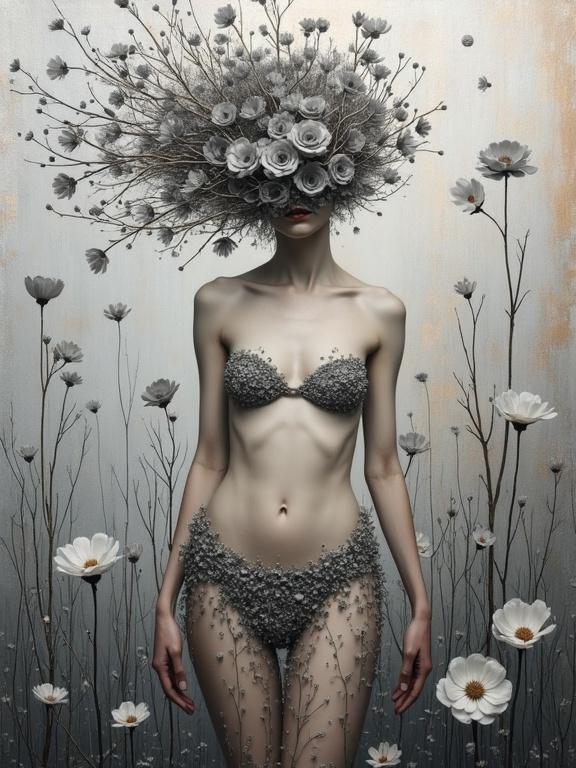 A digital painting of a faceless nude figure wearing a sculptural bikini made of branches and flowers. The background features an abstract silver and copper patina. High detail in textures and colors is emphasized.