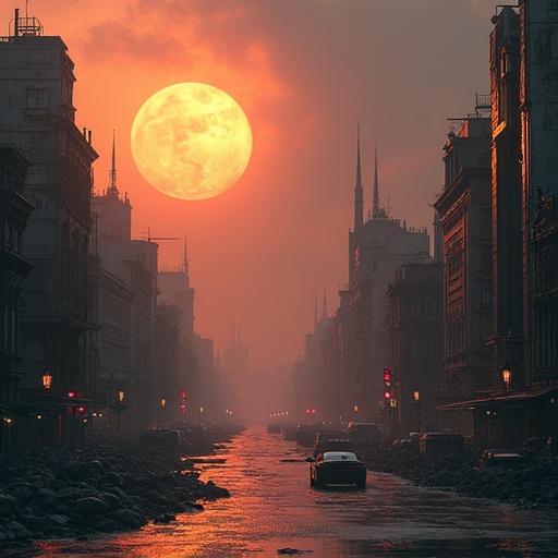 Digital painting depicts an apocalyptic city with a large sun setting. City buildings are partially submerged. Artistic style combines influences from notable artists. Features hyperrealistic details and cinematic lighting. Atmosphere is dramatic and breathtaking.