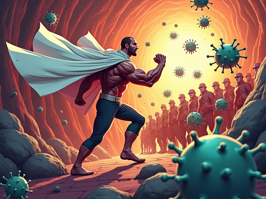 This image depicts Mr. Monocyte, a muscular superhero wearing a white cape, standing defiantly against an army of foreign particles. The setting is a vivid representation of the inside of a body, where Mr. Monocyte confronts the invading threats. His posture signifies strength and determination, yet the situation hints at struggle. In the background, an array of soldiers representing antibiotics prepares to join the fight. Visual elements include a swirling tunnel effect and dramatic lighting to emphasize the tension of the battle. Mr. Monocyte’s heroic stance is central to the narrative of health and defense against infection.