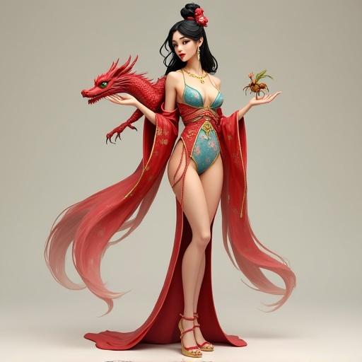Sensual female figure inspired by Mulan stands confidently. She wears short oriental-inspired kimono with floral patterns. Colors are red, sky blue, gold. She holds small red dragon on shoulder. In hand, a friendly cricket. Hairstyle is classic high bun with loose strands. Gold accessories feature on belt and shoes.