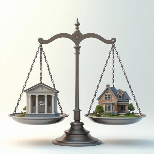 Digital illustration depicts an unbalanced scale with a sturdy metal frame. The left pan features a modern banking building with a centered 'BANK' logo. The right pan displays a large Victorian-style home, both centered but visually unequal in size. Clean metallic textures are used and the background is minimalist with soft gradations.