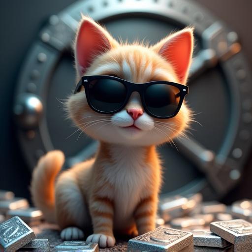 Cartoon theme with a cat wearing sunglasses sitting on silver bullions in front of a vault background. 