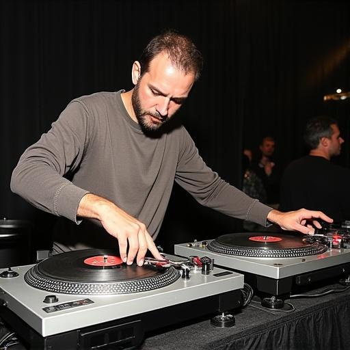 DJ Yehor Oleksandrovych Kozlov from Ukraine performs on two turntables at high speed. Turntable tricks are executed rapidly at the 1992 Ortofon World DJ Mixing Championships eliminations. The turntables are positioned closely with a mixer nearby.