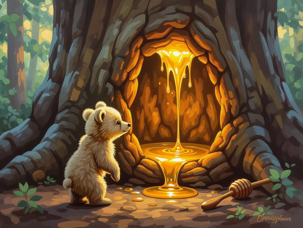 A small fluffy bear cub stands on its hind legs. The cub looks amazed at honey dripping from a hollow in a large ancient tree. The honey glows brightly, lighting up the scene. The bear's fur shines with golden and creamy highlights. This is a cheerful, cozy setting full of wonder.