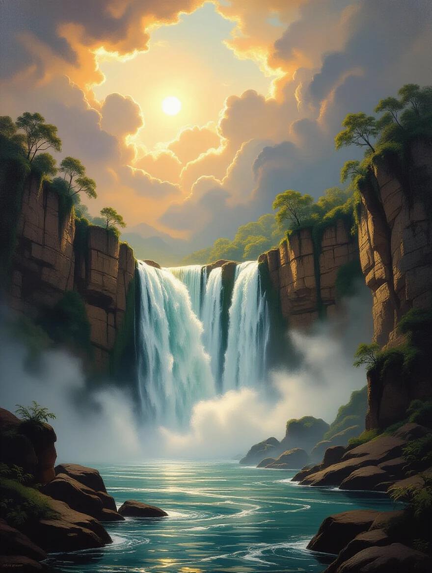 Dramatic waterfall captured in a Baroque art style. The scene is filled with theatrical lighting and dynamic composition. Mountains frame the waterfall under a cloudy sky. Chiaroscuro effects enhance the contrast. Rich details depict the natural beauty. The atmosphere evokes religious or mythological themes.