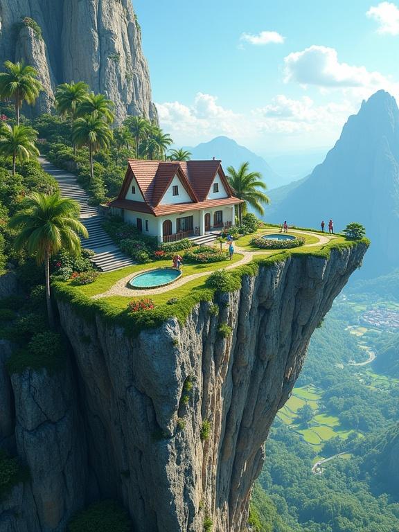 A surreal cliff structure with a narrow rock formation extending into the sky. A traditional cottage-style house with a white facade and brown-tiled roof is situated on this cliff. Tropical palm trees and flowers surround the house. A winding stone path leads up to a towering mountain peak in the background. The sky is bright blue with light clouds, and a lush green valley is visible below.