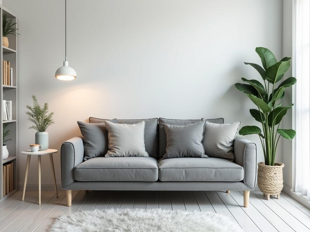 The image depicts a modern and cozy living room setting. A comfy gray two-seater sofa with plush cushions is centered against a light gray wall. Beside it, a stylish and minimalistic white side table holds a small plant and a cup. A beautiful floor lamp hangs above the sofa, providing a warm glow. In the corner, a tall shelf with plants and decorative items adds a touch of greenery.