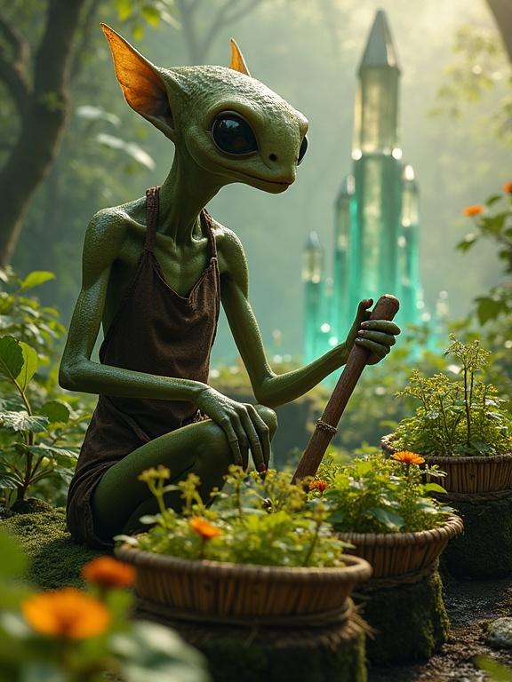 A tall Kelpien with bioluminescent neural nodes glowing faint turquoise is tending to a tiered hydroponic garden. The Kelpien has mottled green-and-brown skin that blends with the foliage while kneeling. A hand-carved wooden spade is used to aerate nutrient-rich water channels. Their large black eyes reflect golden sunlight, illuminating floating bioluminescent spores. Towering crystalline structures in the background hum softly, covered in moss and glowing fungi. Their elongated limbs move with precision, placing root vegetables into a woven grass basket. Morning dew clings to their skin and apron-like garment.
