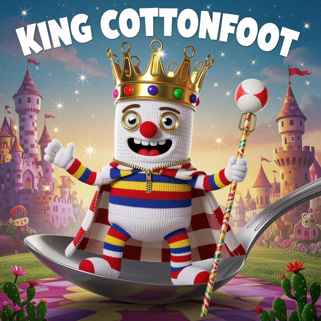 Surreal and comedic character named King Cottonfoot. Body made from white sock with red, blue, yellow stripes. Short limbs from yarn. Face includes shiny gold button eyes, pom-pom nose, zipper mouth. Massive crown from golden paper clips, gummy candies, glitter. Stands atop giant spoon like throne. Shouting commands. Royal cape made from stained dish towel. Holds scepter with straw and ping-pong ball. Background features colorful fantasy world with strange creatures and surreal lighting. Hyper-realistic, studio lighting, high-quality 3D illustration style.