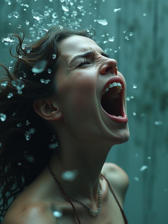 Woman screams in shock with an open mouth. Real world appears frozen in time. Glass shards float midair around her. Emotional intensity captured through facial expression and background.